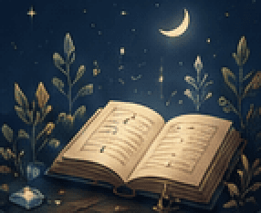 An illustrated open book glowing beneath a crescent moon, surrounded by leafy sprigs.